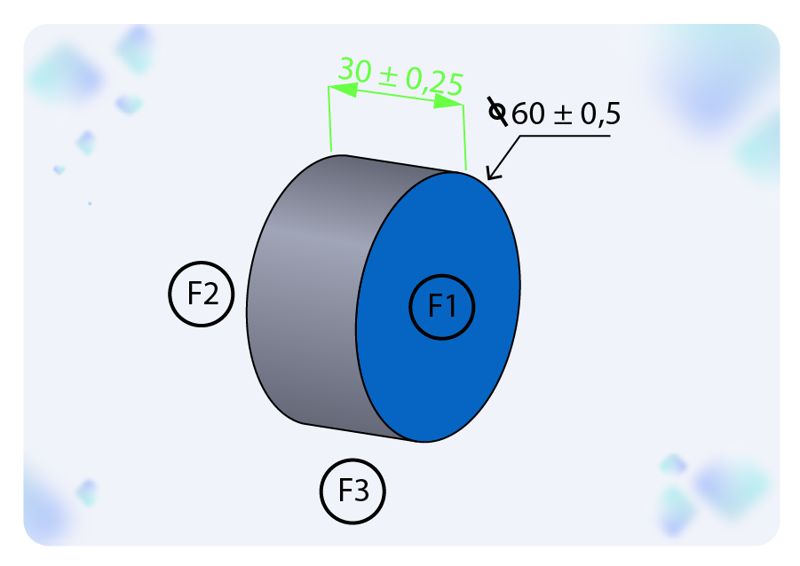 L'image montre une pièce cylindrique avec 3 faces identifiées, mettant en évidence la face rouge qui sera usinée.